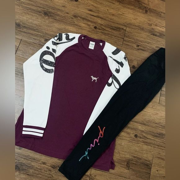 PINK BS BURGANDY BLING TSHIRT/ YOGA LEGGINGS OUTFIT - Picture 2 of 12